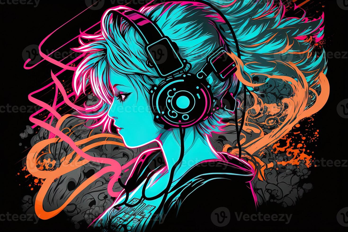 an neon gamer anime fashion girl or woman wearing headphones, lost in her music. abstract background that evokes the feeling of different genres of music. banner music concept photo