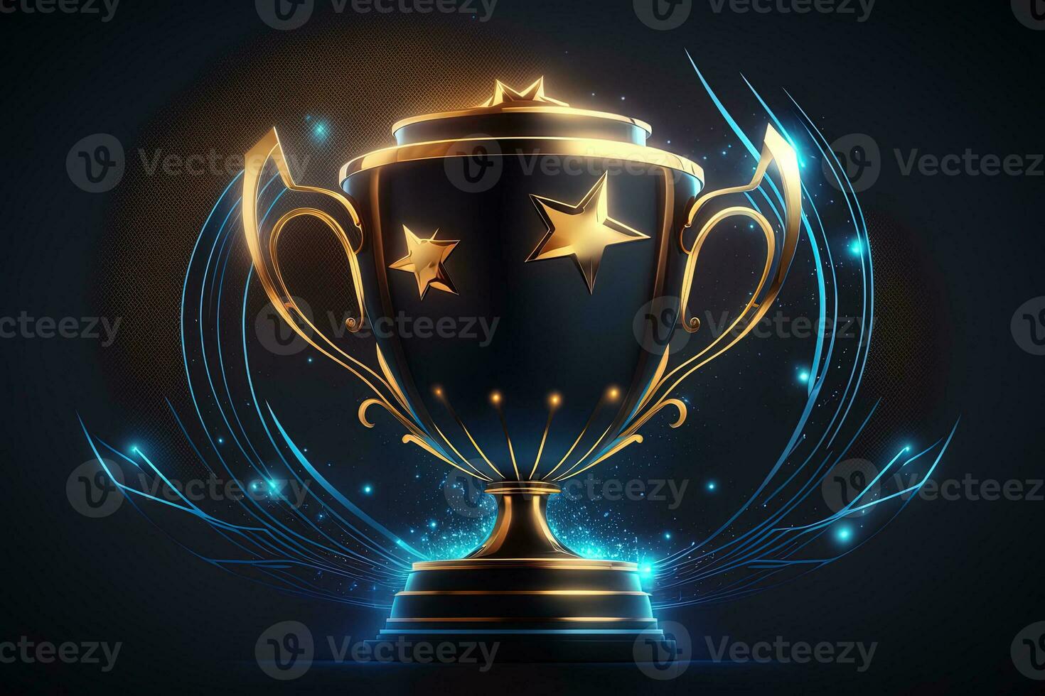 Champion golden trophy with gold stars on blue dark background. Generation AI. Concept of success and achievement. Gold glitters explosion. photo