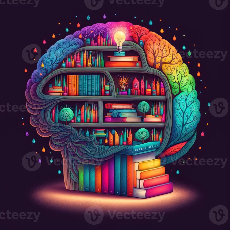 This whimsical image shows a brain with a library inside, its neurons and synapses lit up in a rainbow of joyful colors. A stack of books on a shelf indicates knowledge and learning, photo