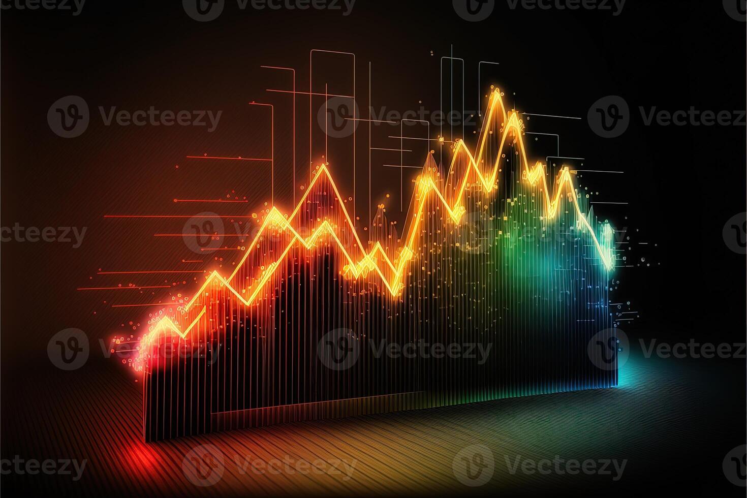 Business economic charts with light effects, neon. Abstract neon background, growth and fall analytics. Stock market trading investment candlestick graph. Finance and economy concept. photo