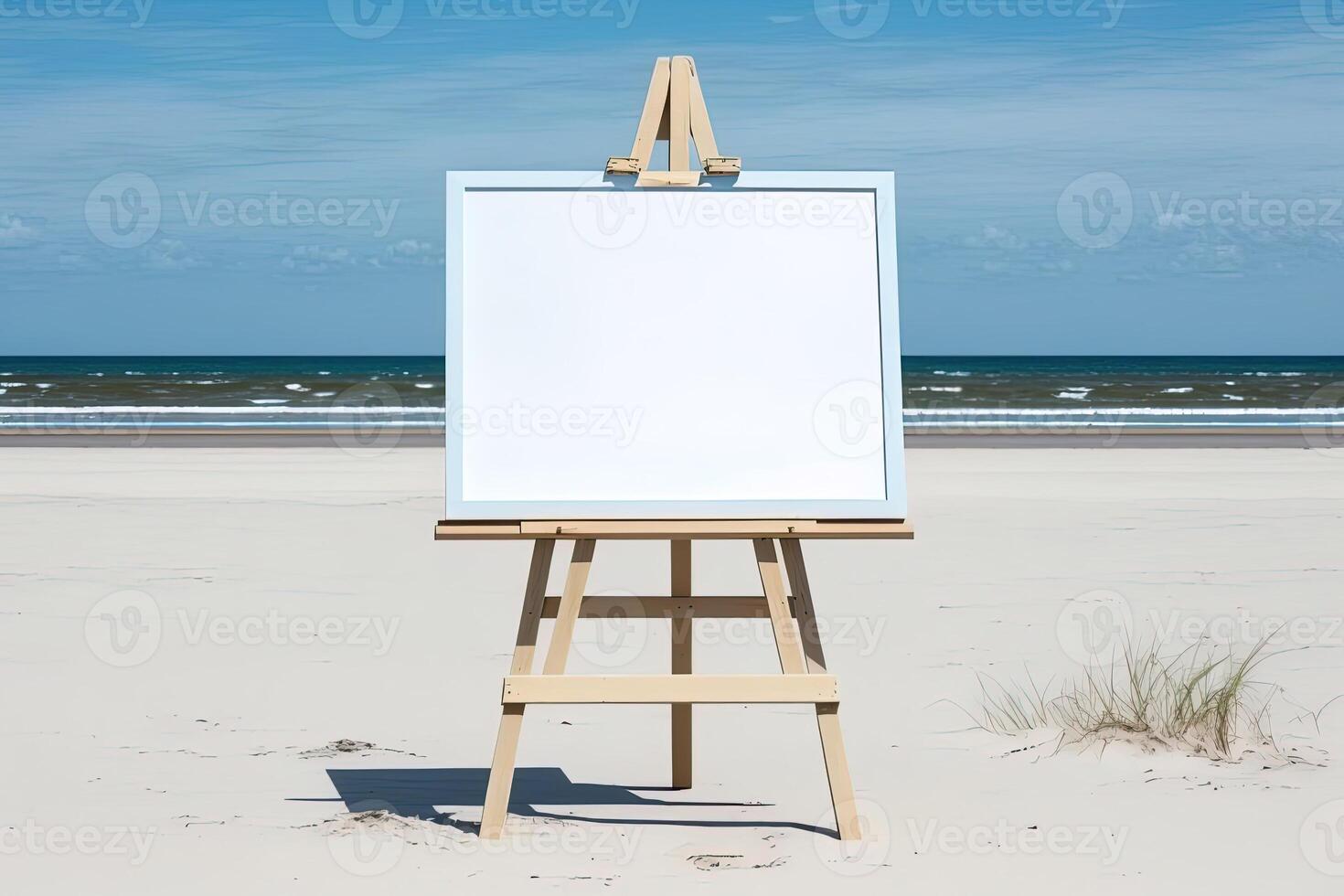 White blank artist frame on a small wooden easel on summer sea beach background with copy space. Advertising mockup artboard for pictures or artwork. Painting frame template banner. photo