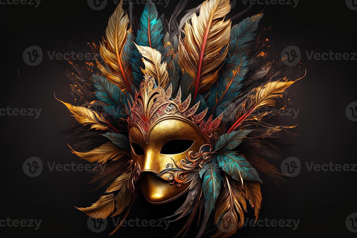 Venetian carnival mask. Gold color, colored feathers. Happy carnival festival, attributes of the Brazilian carnival. Venetian carnival mask and beads decoration. Mardi gras background. photo