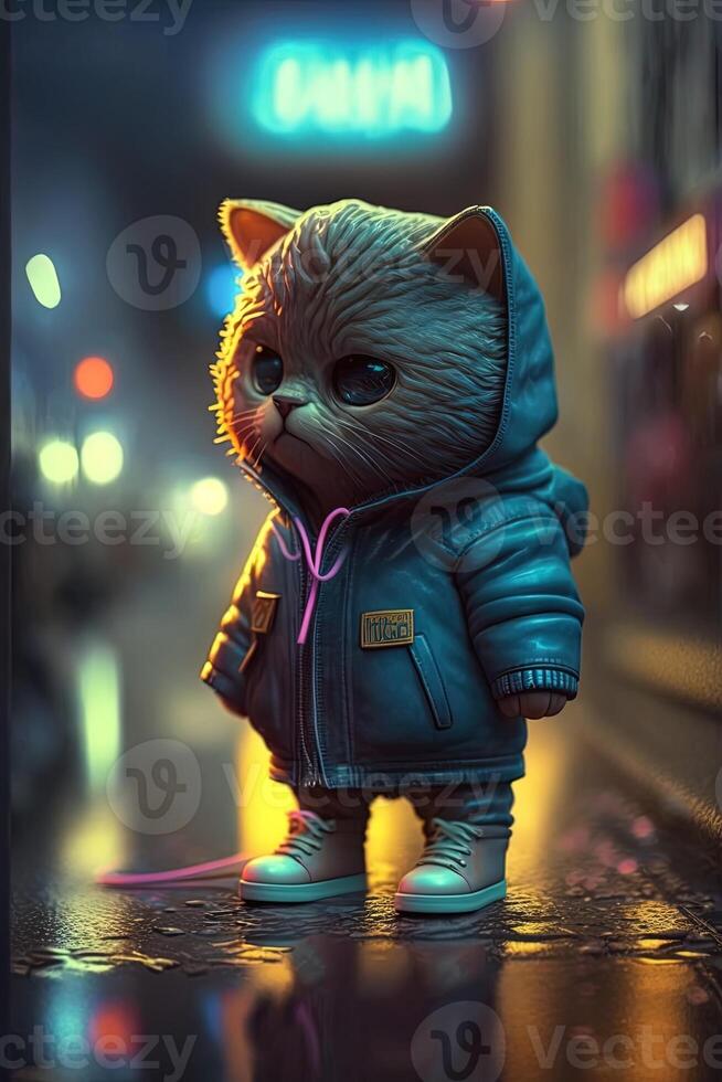 toy cute cat in clothes jacket and sneakers on street background with neon lighting, photo