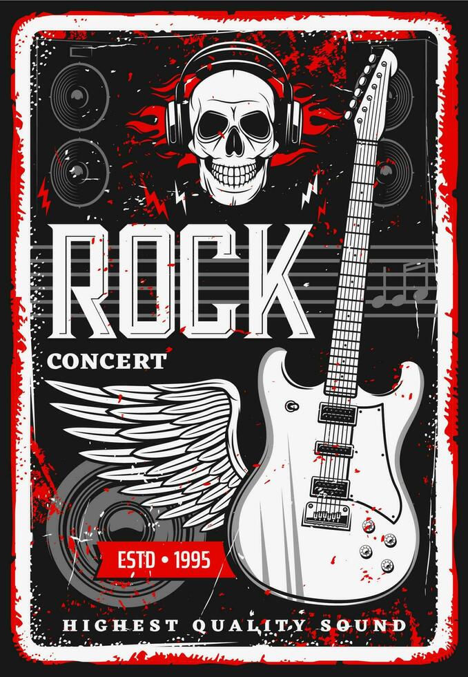 Rock music poster skull, guitar concert festival vector