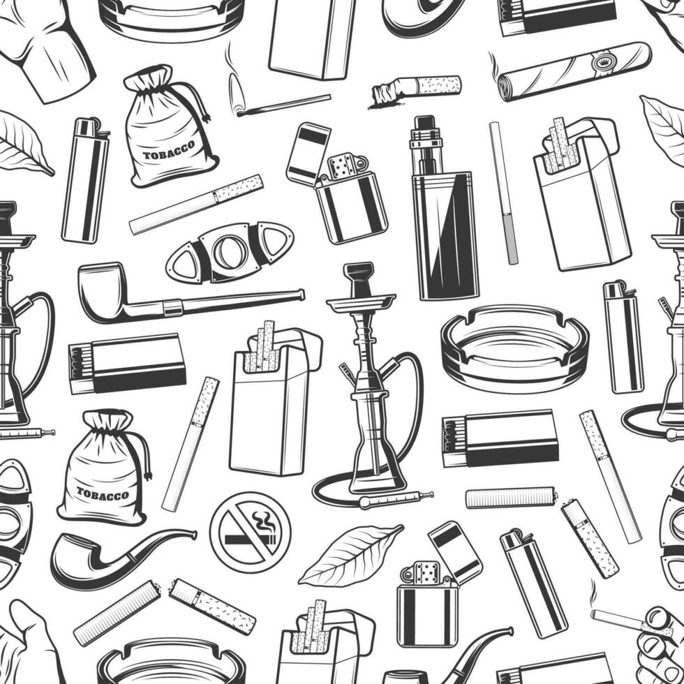 Tobacco, cigarettes, cigars, smoking pipes pattern vector