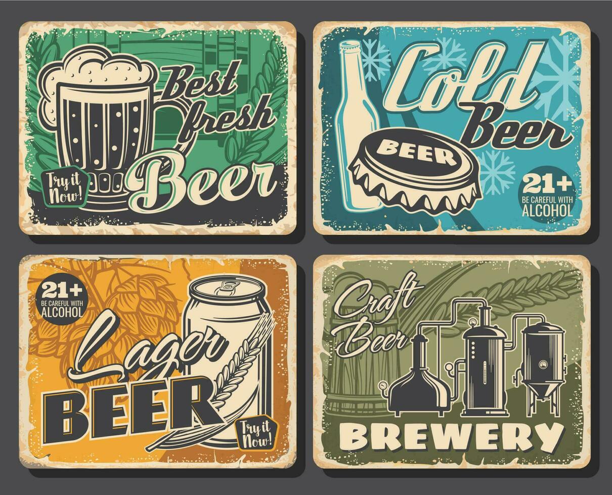 Beer brewery retro posters, alcohol drinks bar vector