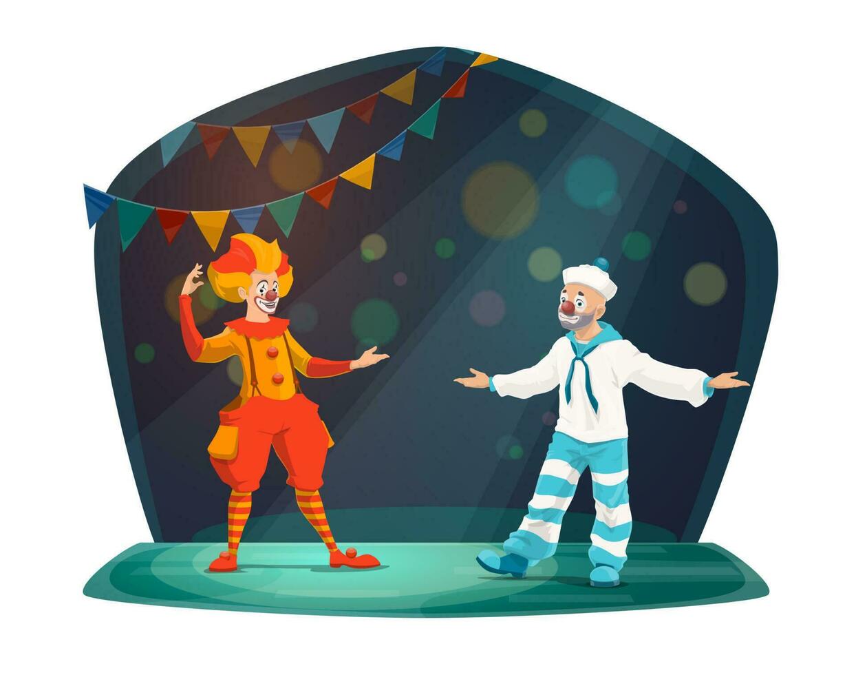 Big top circus clown performer characters on stage vector