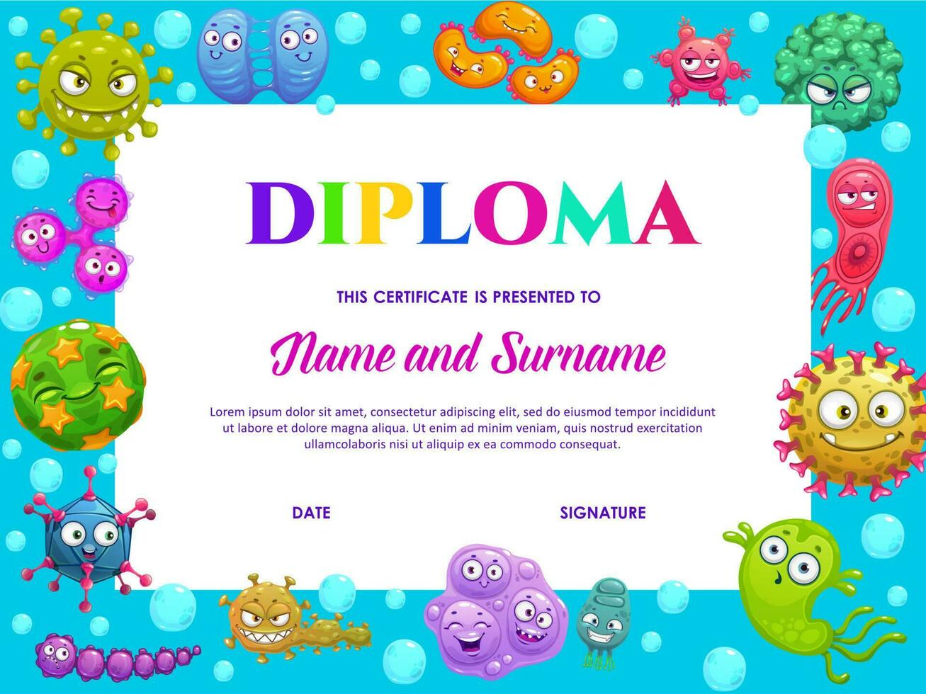 Kindergarten diploma with cute bacteria, germs vector