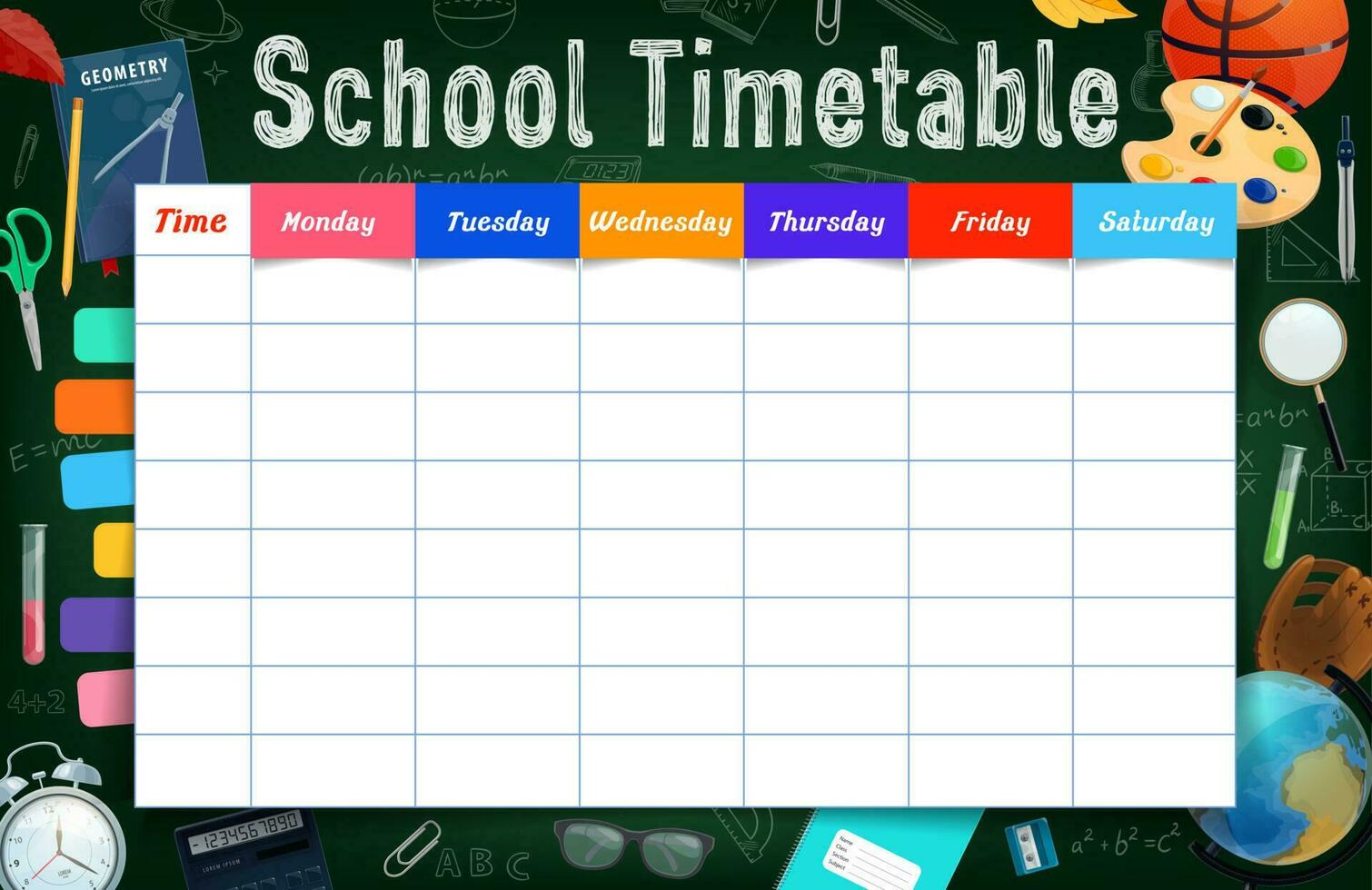 School timetable with stationery and chalkboard vector