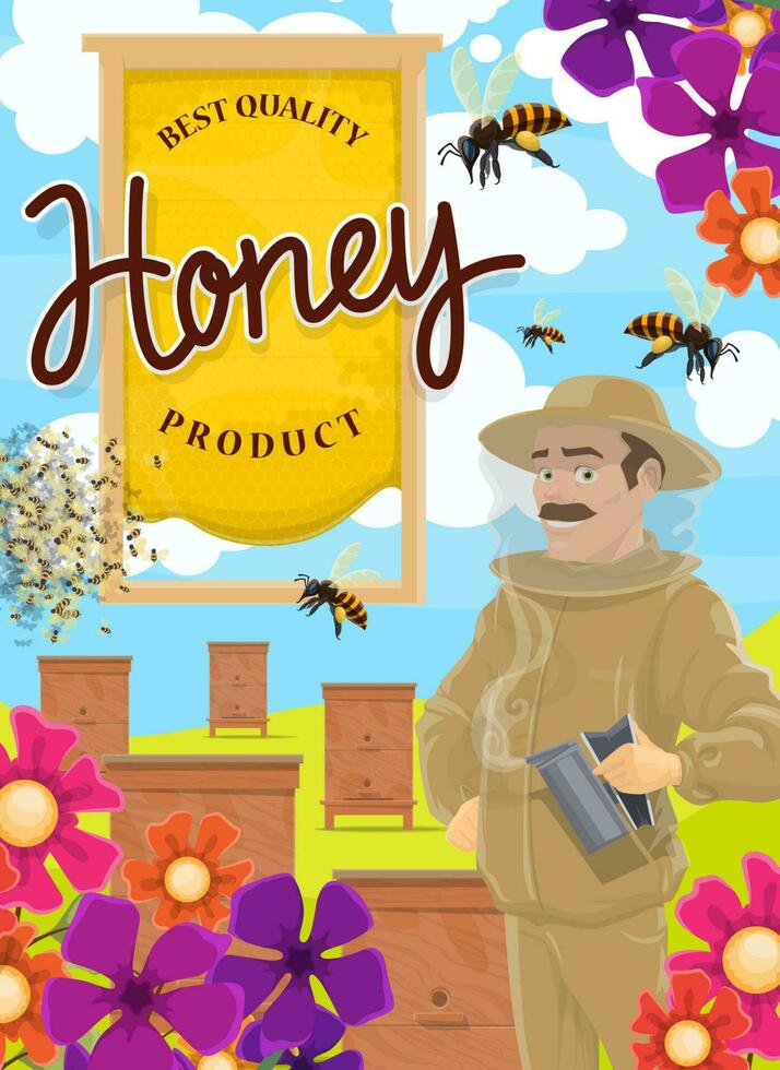 miel productos, colmenar granja, abejas vector póster