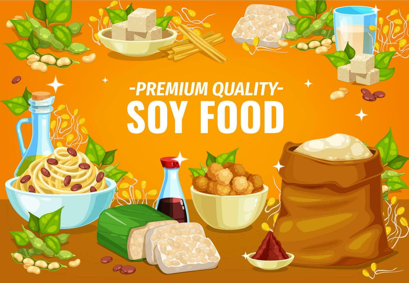 Soy food or soybean products, soya tofu and milk vector