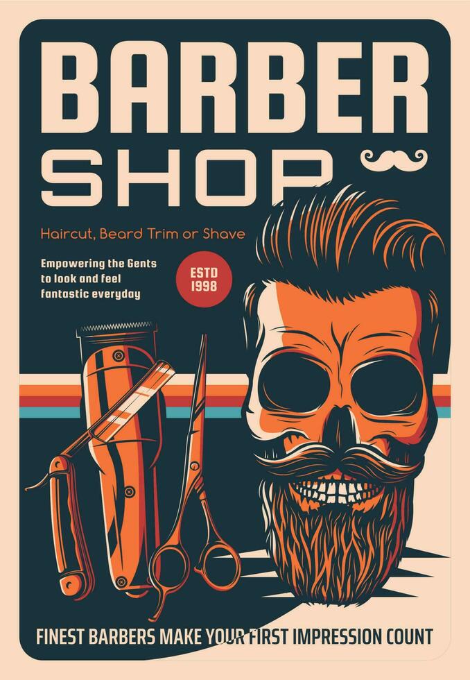 Barbero tienda vector Clásico póster hipster cráneo