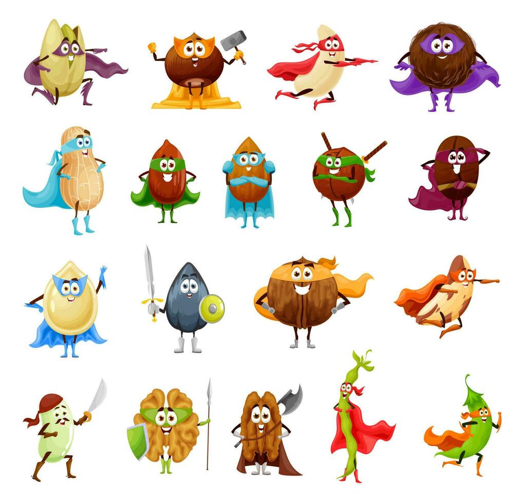 Nut, seed and bean superhero cartoon characters vector
