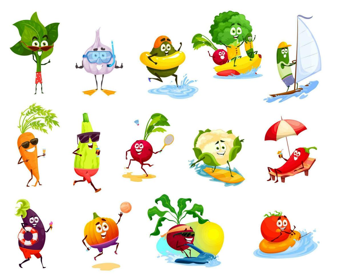 Vegetable characters, vacation, leisure and travel vector