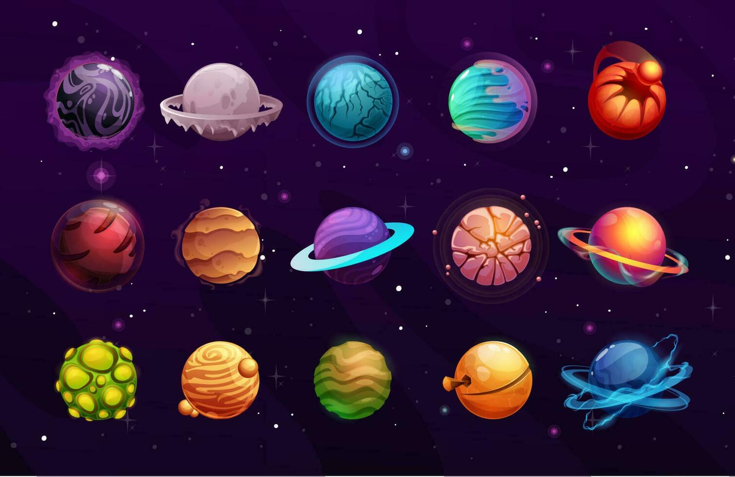 planetas de extraterrestre o fantasía espacio, dibujos animados juego ui vector