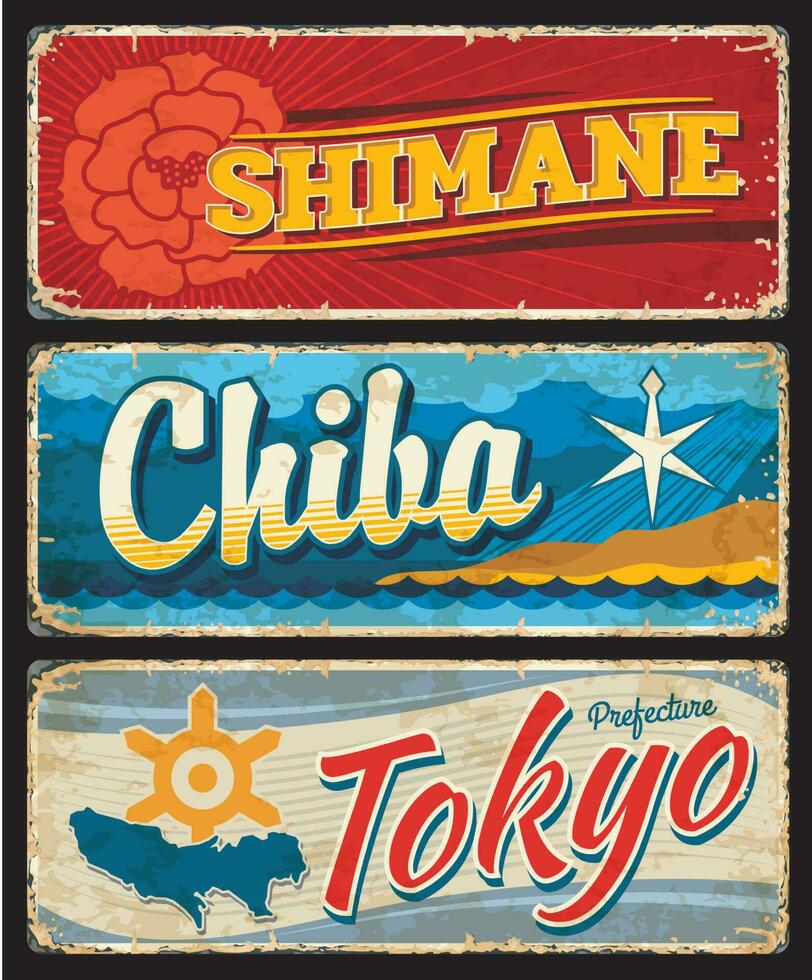 Chiba, Tokyo and Shimane Japan territory tin signs vector