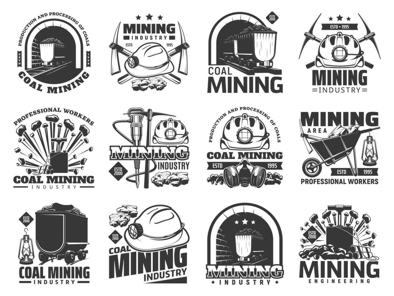 carbón minería industria iconos, vector emblemas conjunto