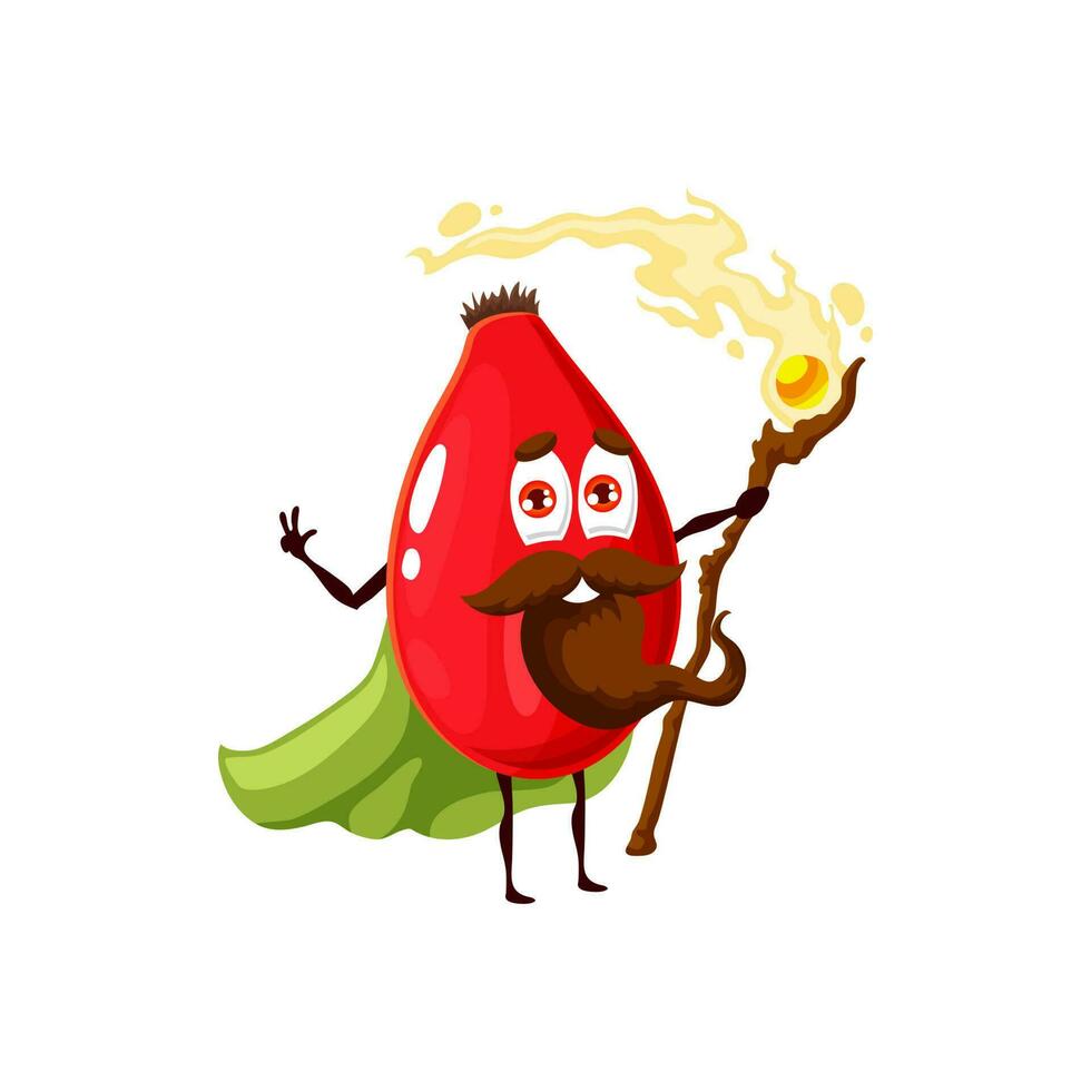 Cartoon red rosehip berry wizard, vector magician