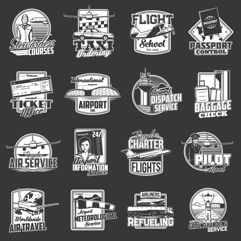 Airport and aviation vector monochrome icons set