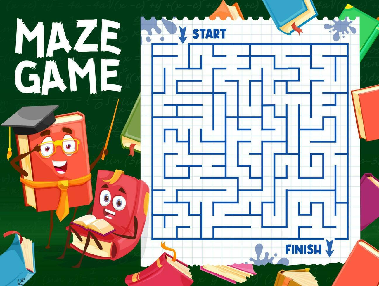 Labyrinth maze game, bestseller books, textbooks vector