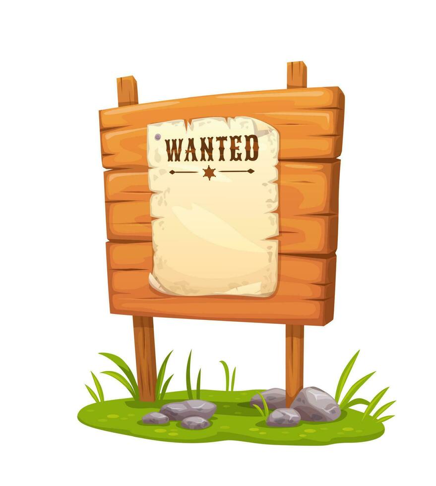 Wood sign, cartoon western wanted board or banner vector