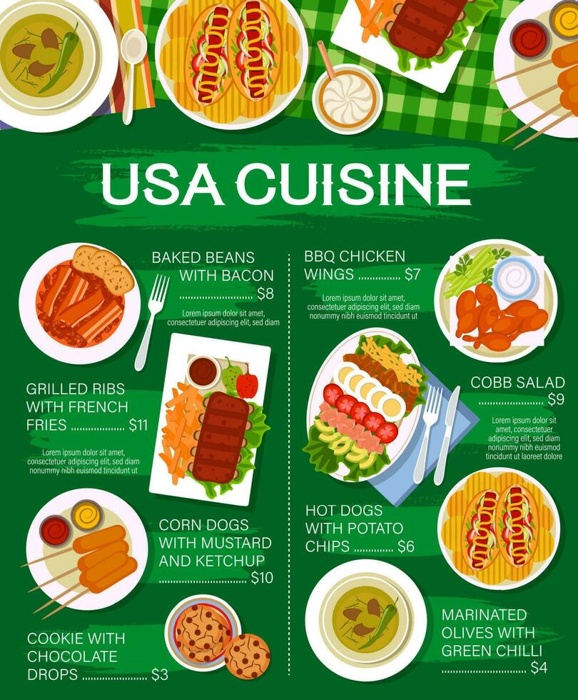 Estados Unidos comida restaurante platos menú página modelo vector