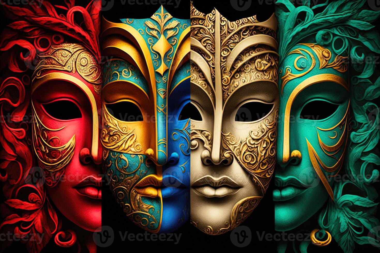 Illustration, multicolored carnival mask party inspired in ancient venetian dominos photo