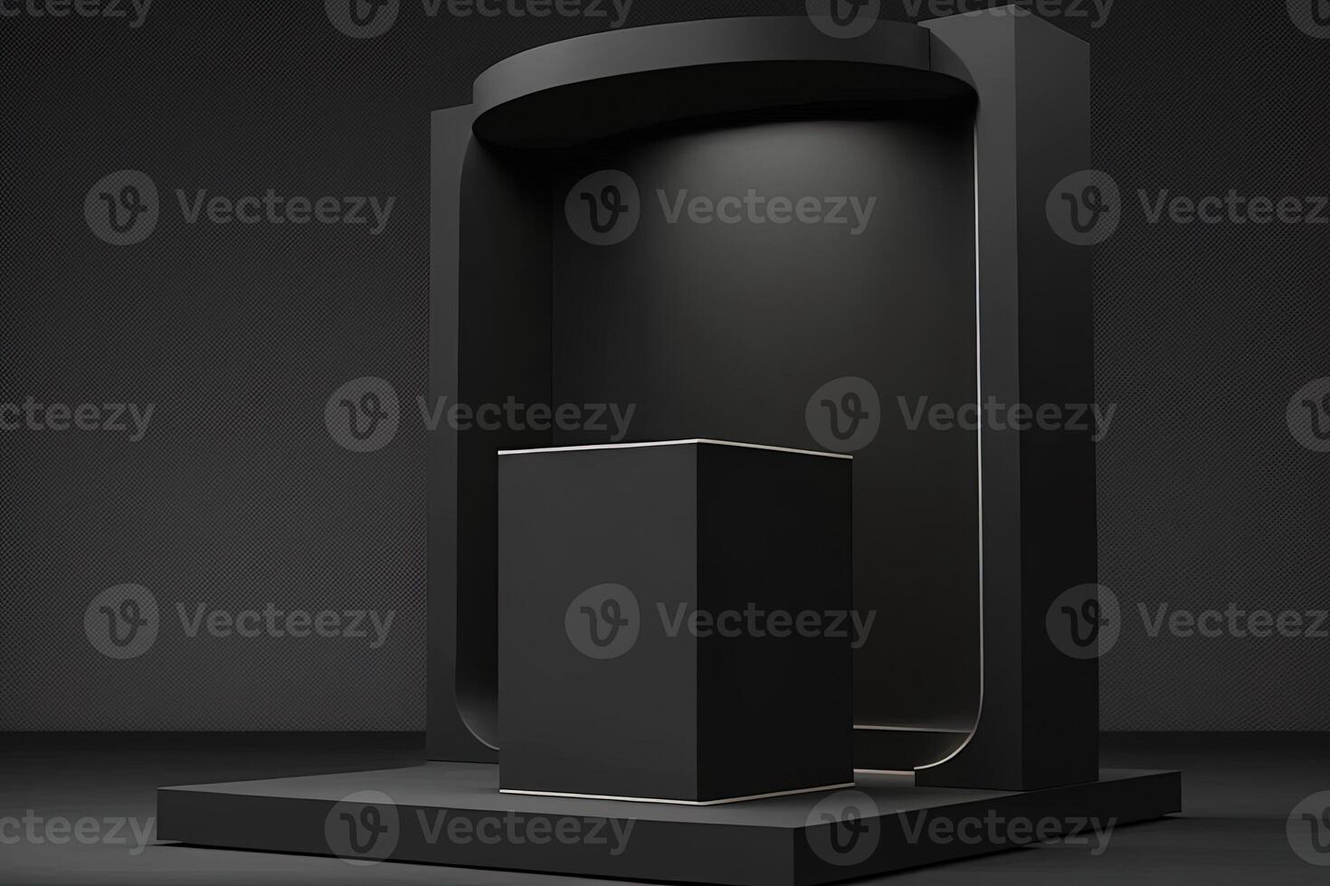 black background and product podium stand studio. Elegant black cube stand for product placement mockup. Minimal box platform showroom with spot light. photo