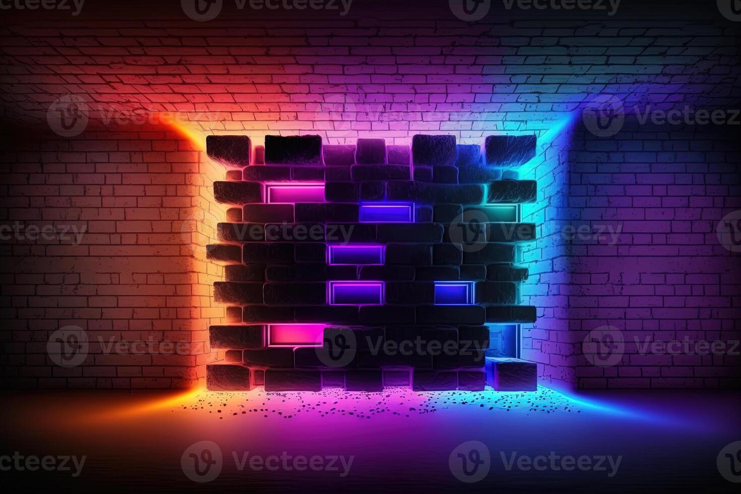 Modern futuristic blank brick wall background with neon lights. old grunge brick wall room background. Colorful copy space concept. photo
