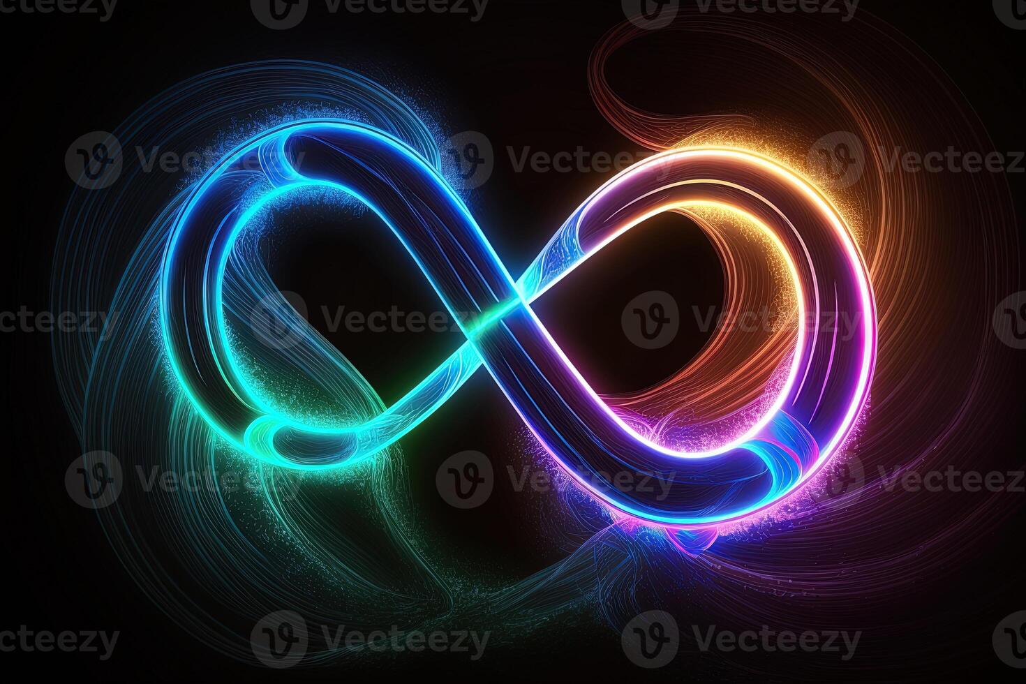 glowing neon infinity symbol in the night. . Infinity, eternity, infinite, endless, loop symbols. photo