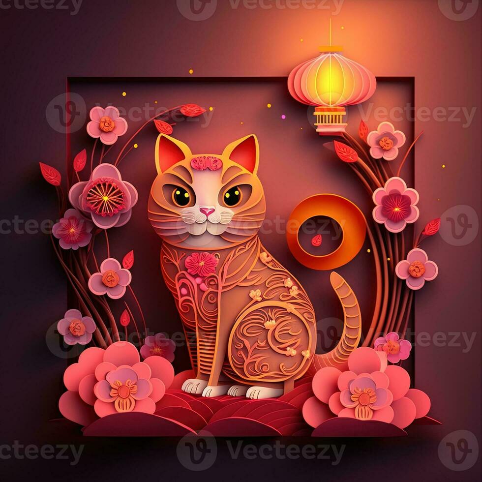 Paper cut quilling multidimensional chinese style cute zodiac cat with lanterns, blossom peach flower in background, chinese new year. Lunar new year 2023 concept photo