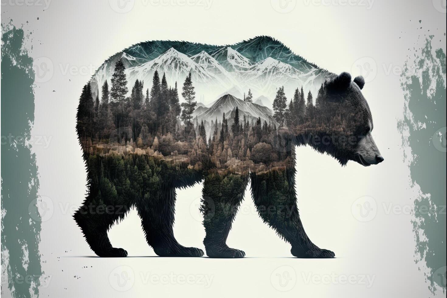 Double exposure of a bear and jungle on white background. Camping concept. Vintage Grizzly for t-shirt design, sticker, poster, and wallpaper. Adventure bear illustration photo