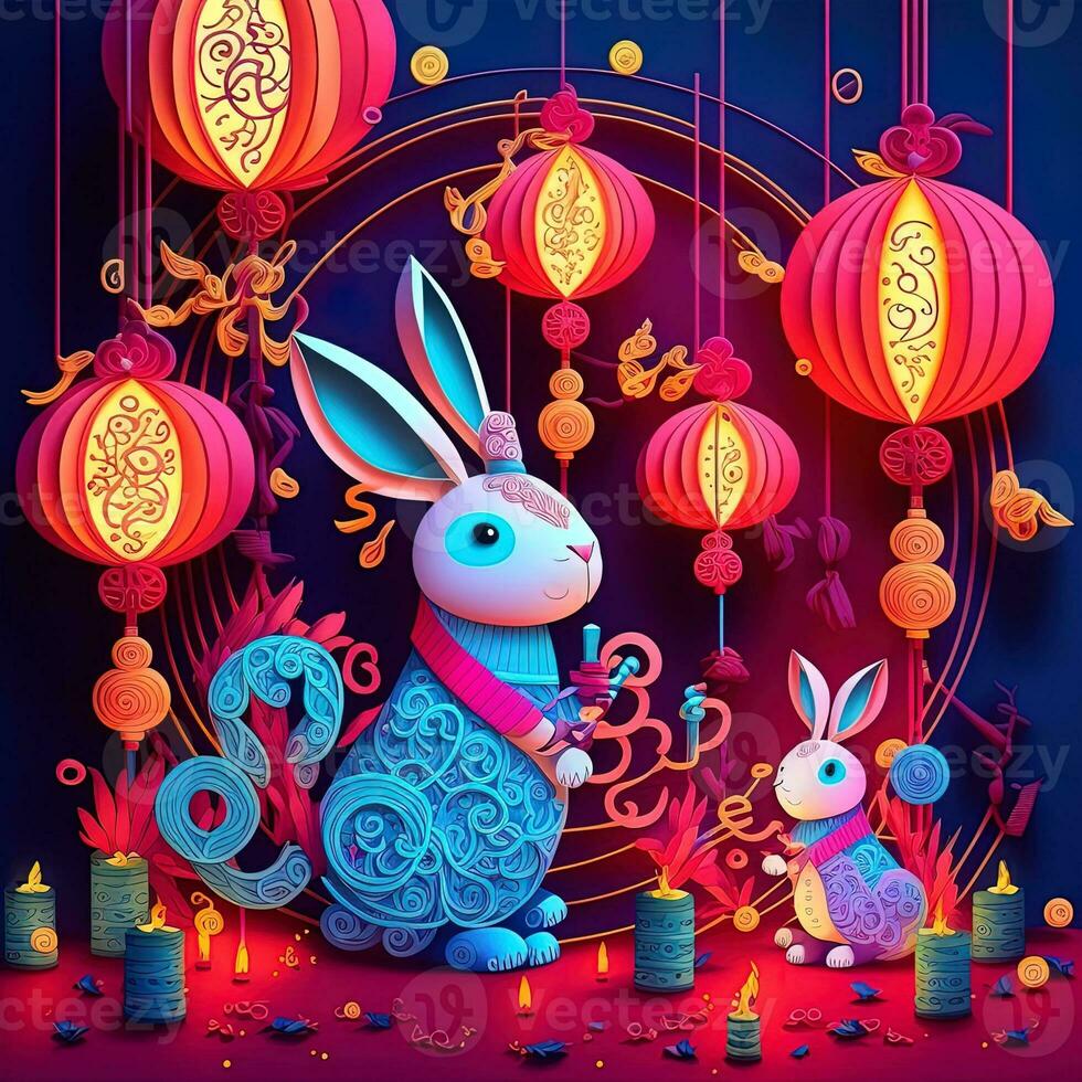 Paper cut quilling multidimensional chinese style cute zodiac rabbit with lanterns, blossom peach flower in background, chinese new year. Lunar new year 2023 concept photo