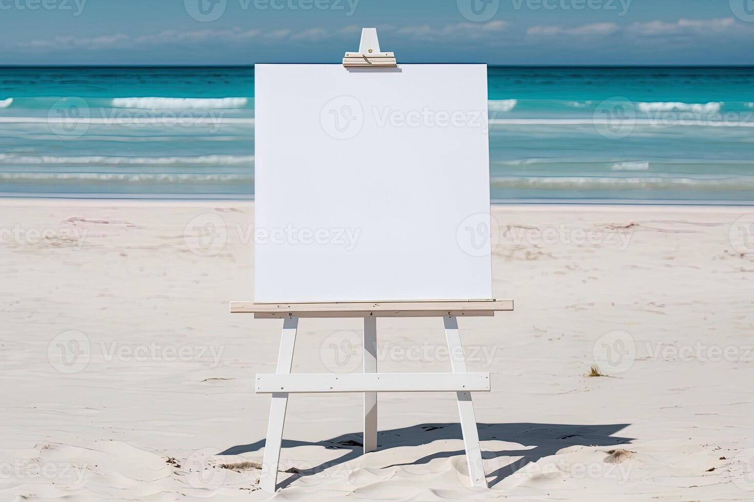 White blank artist frame on a small wooden easel on summer sea beach background with copy space. Advertising mockup artboard for pictures or artwork. Painting frame template banner. photo