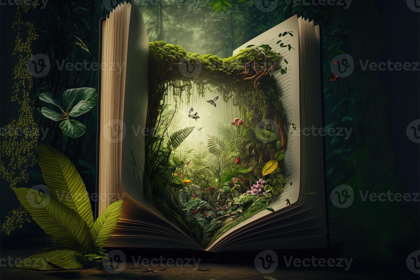 A tropical rainforest jungle with parrot, bird, monkey, wolf appearing opening a book. Jungle book for kid. fantastic jungle landscape. photo