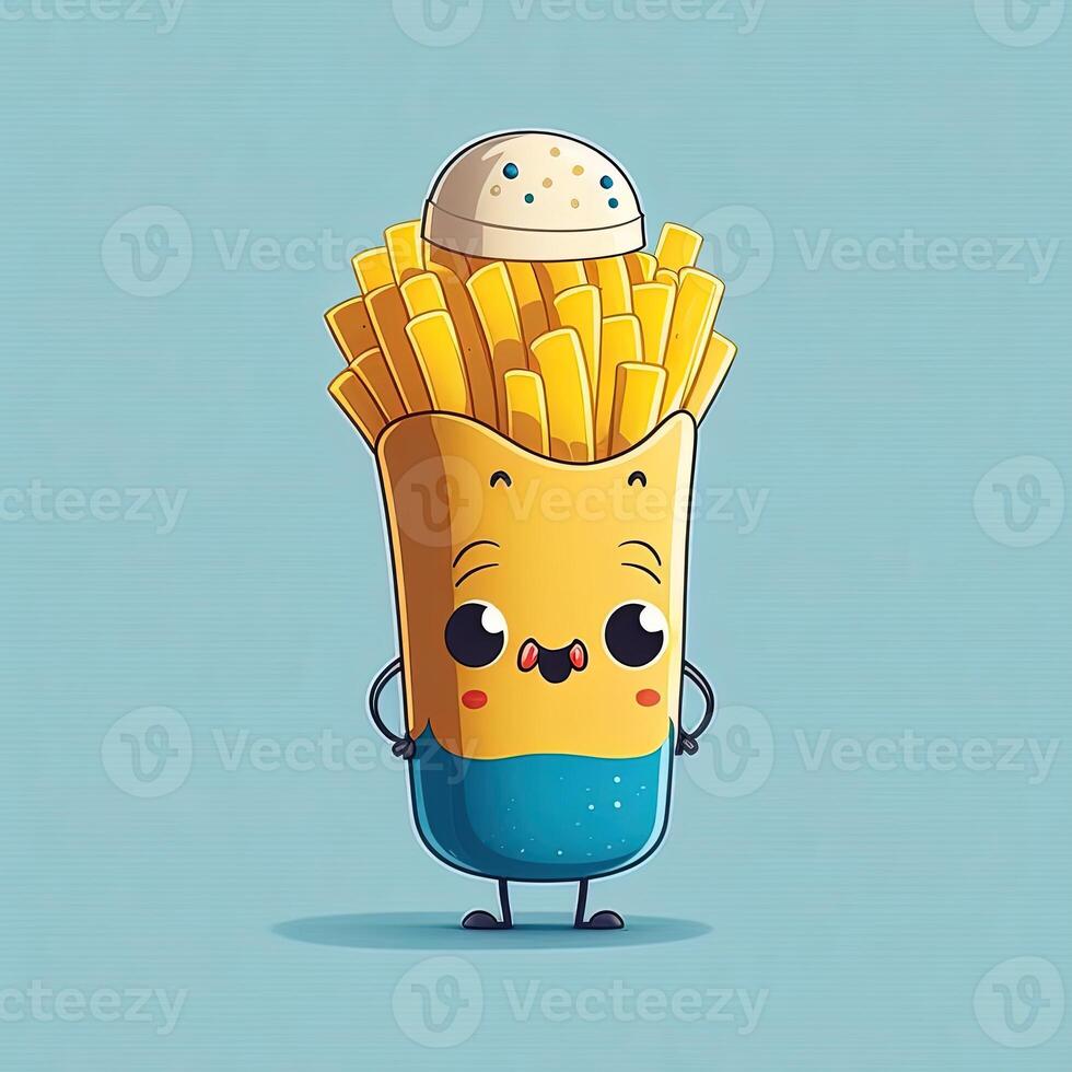 collection of happy, smiling, joyful cartoon style French fries characters for meal, dinner design. Cartoon French fries character for restaurant mascot. photo