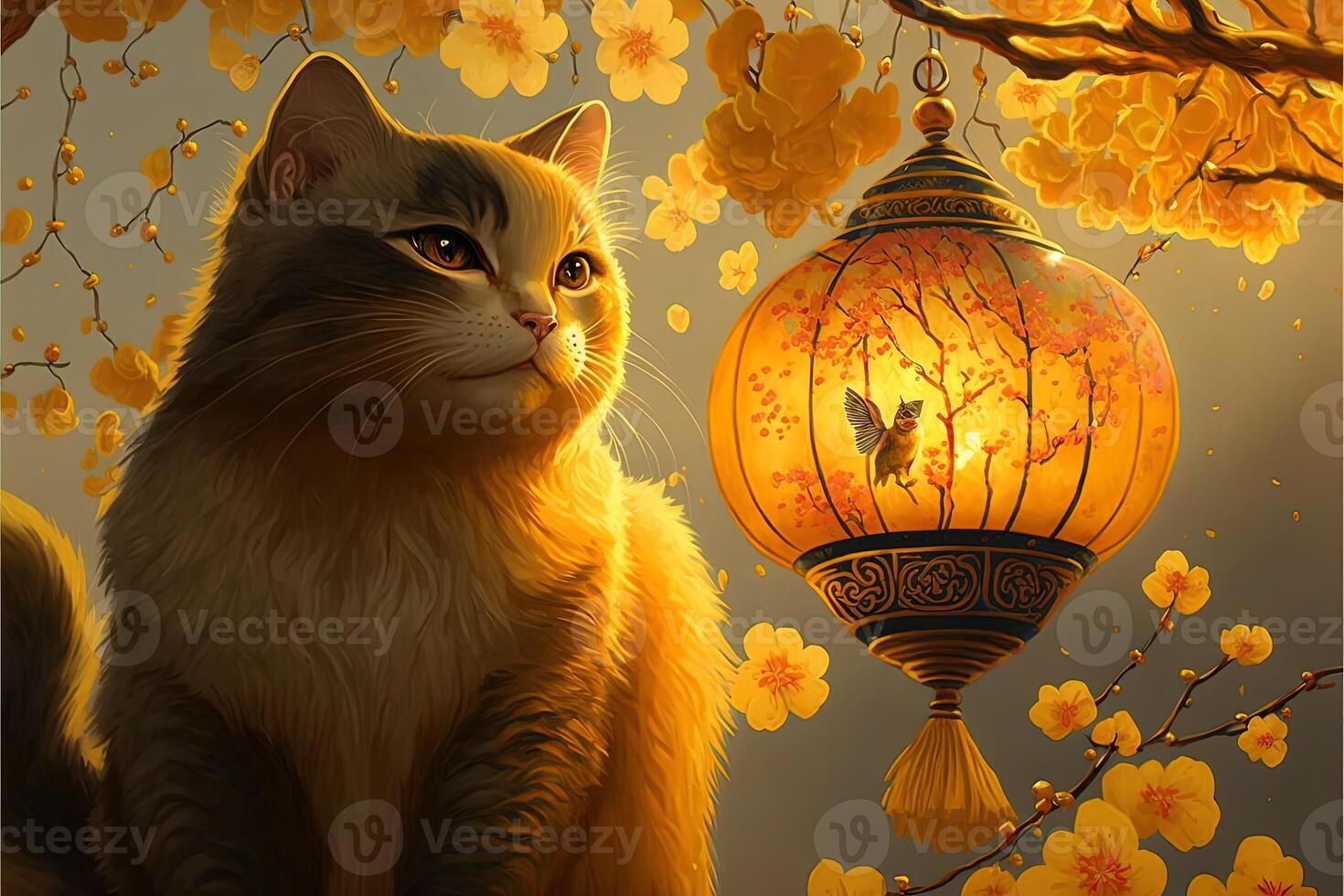 abstract design chinese new year cute cats with spring colors, surreal fantasy, Apricot blossom. Happy new year concept 2023. Year of Cat. Lunar new year photo