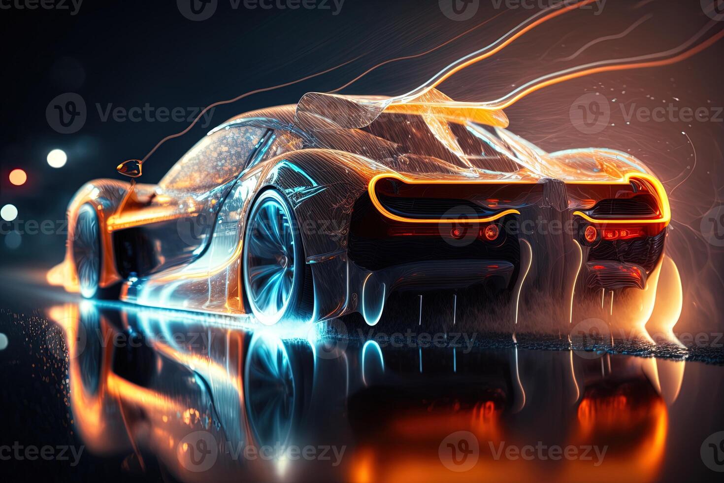 hyper car neon background . Streamline test over the modern car design, diffuse plastic optic, some glowing contours illuminate the car details, dark scene, cinematic lightning photo