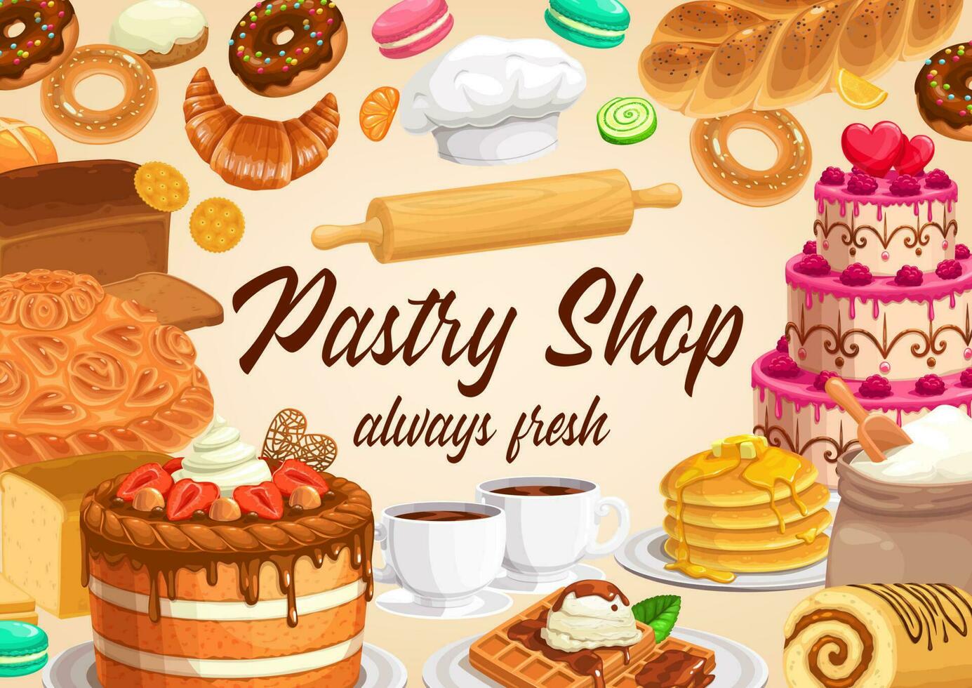 Pastry shop cakes and bakery desserts. Sweet food vector