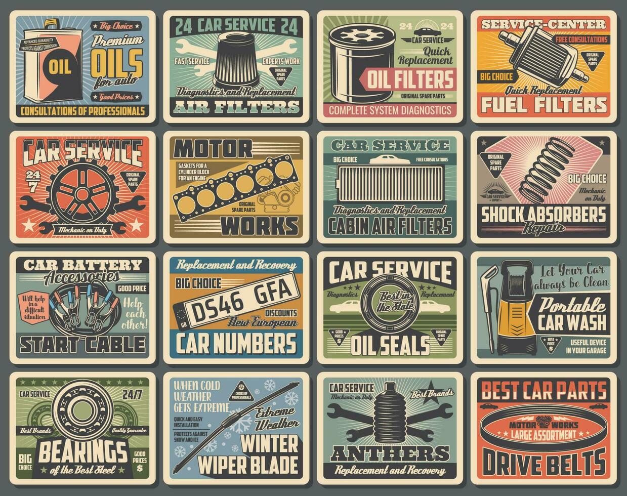 Car service, auto mechanic and parts retro posters vector