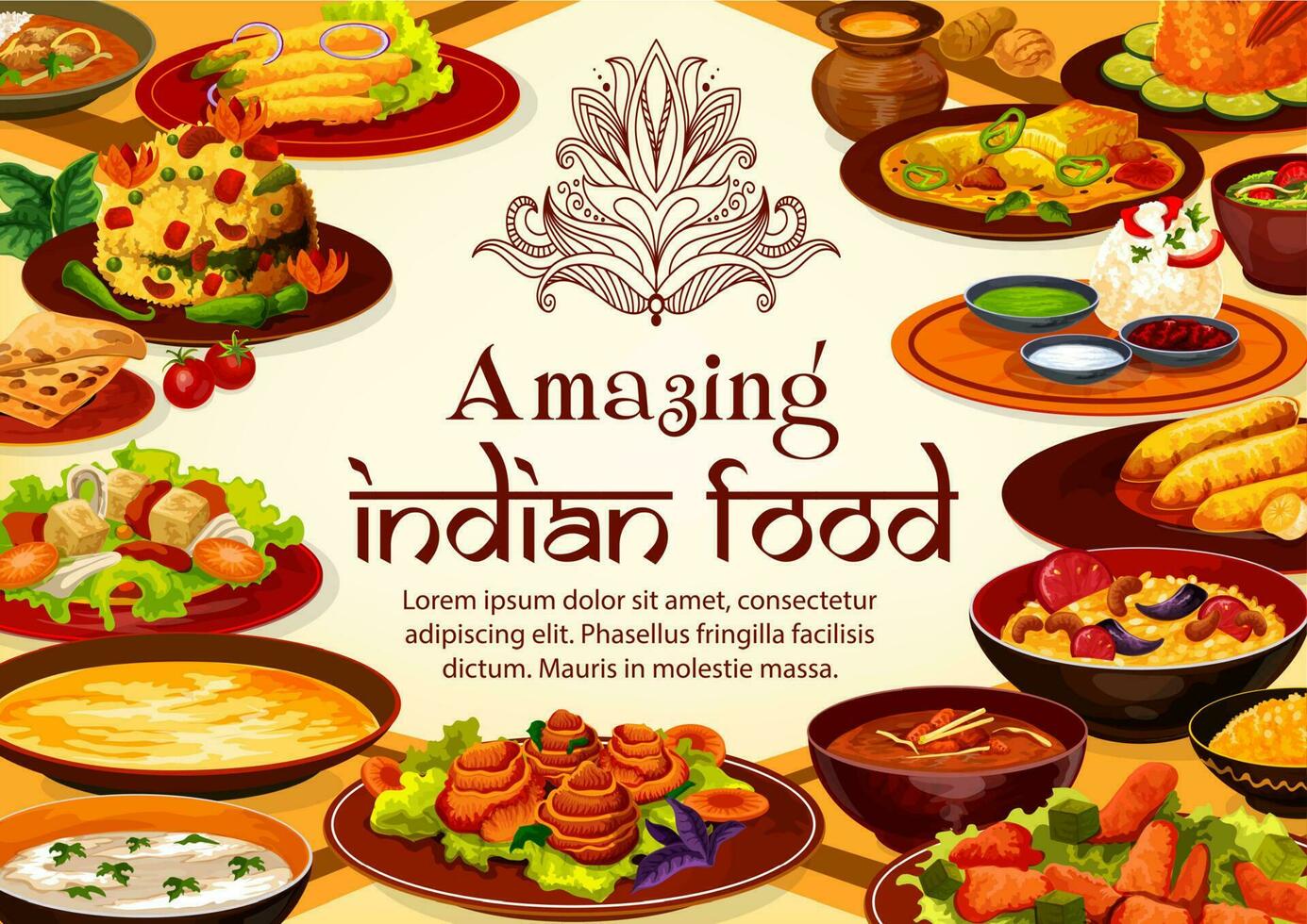 Indian food cuisine dishes, restaurant menu cover vector