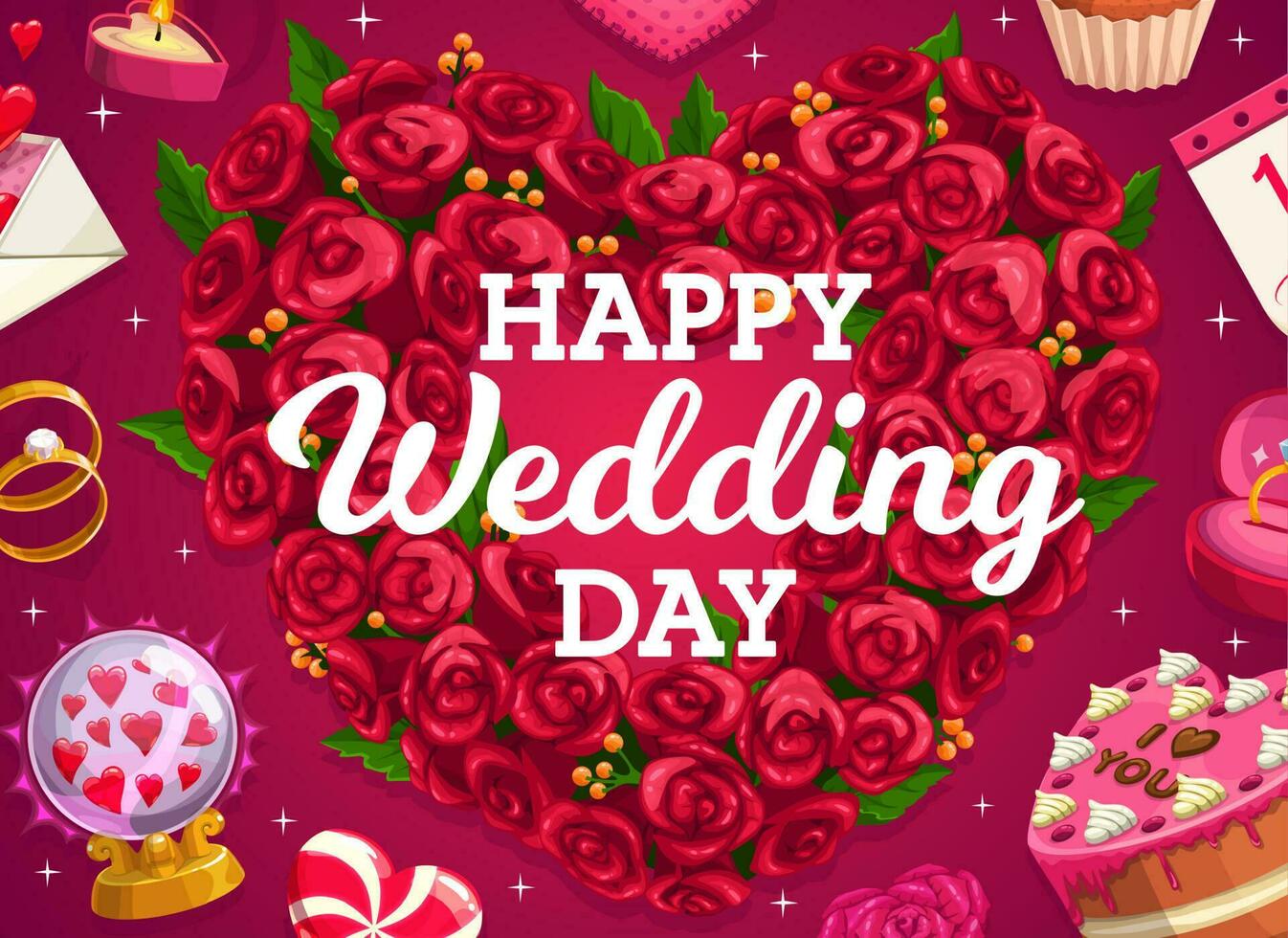 Wedding wreath, cake and love heart of flowers vector