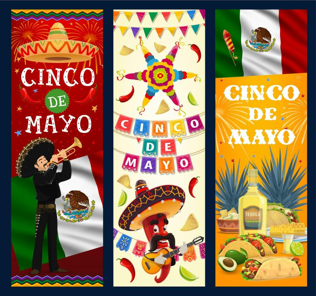 cinco Delaware mayonesa vector pancartas, dibujos animados Mariachi