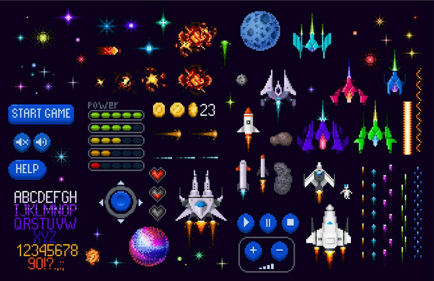 Space game asset 8 bit pixel art, planets, rockets vector