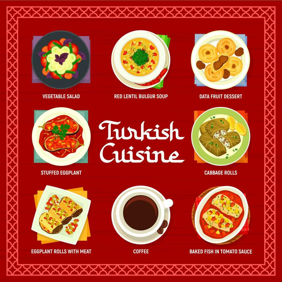 turco cocina menú vector alimento, bebida de Turquía