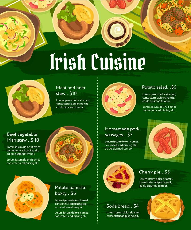 irlandesa comida restaurante platos menú página modelo vector