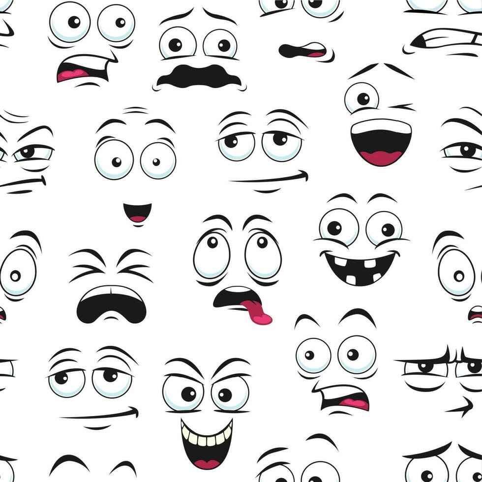 Cartoon face expression pattern, funny smile eyes vector