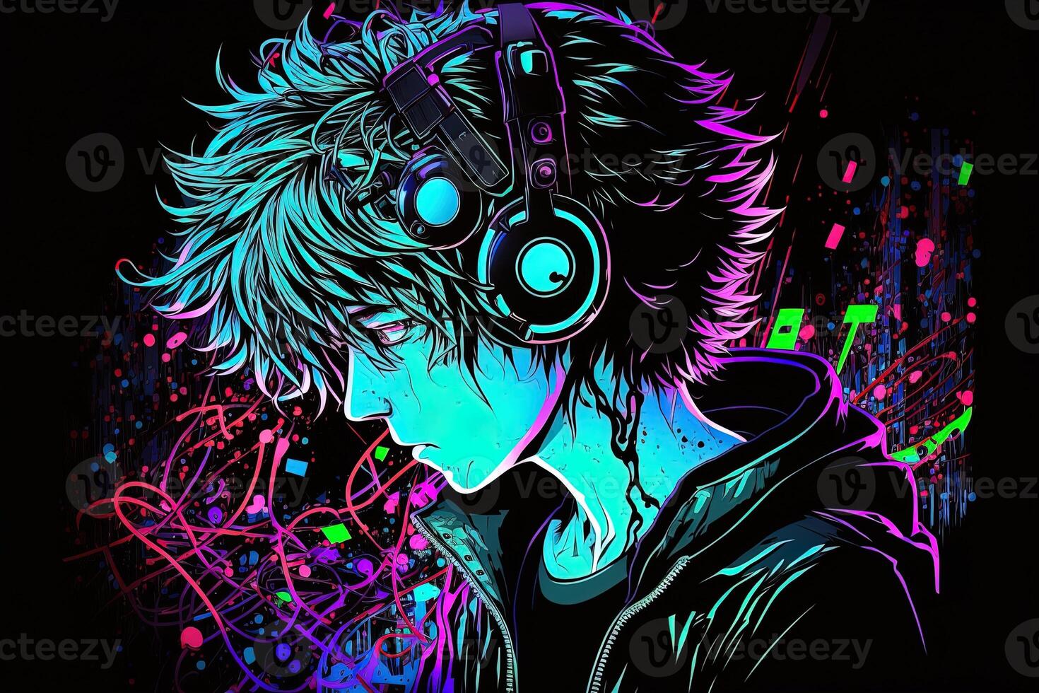 an neon gamer anime fashion boy or man wearing headphones, lost in his music. abstract background that evokes the feeling of different genres of music. banner music concept photo