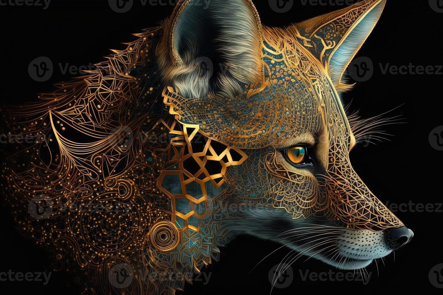 Fantasy Raster Image of Fox Face with Golden Spot, Animal face in the depths of galaxies and stars fox photo