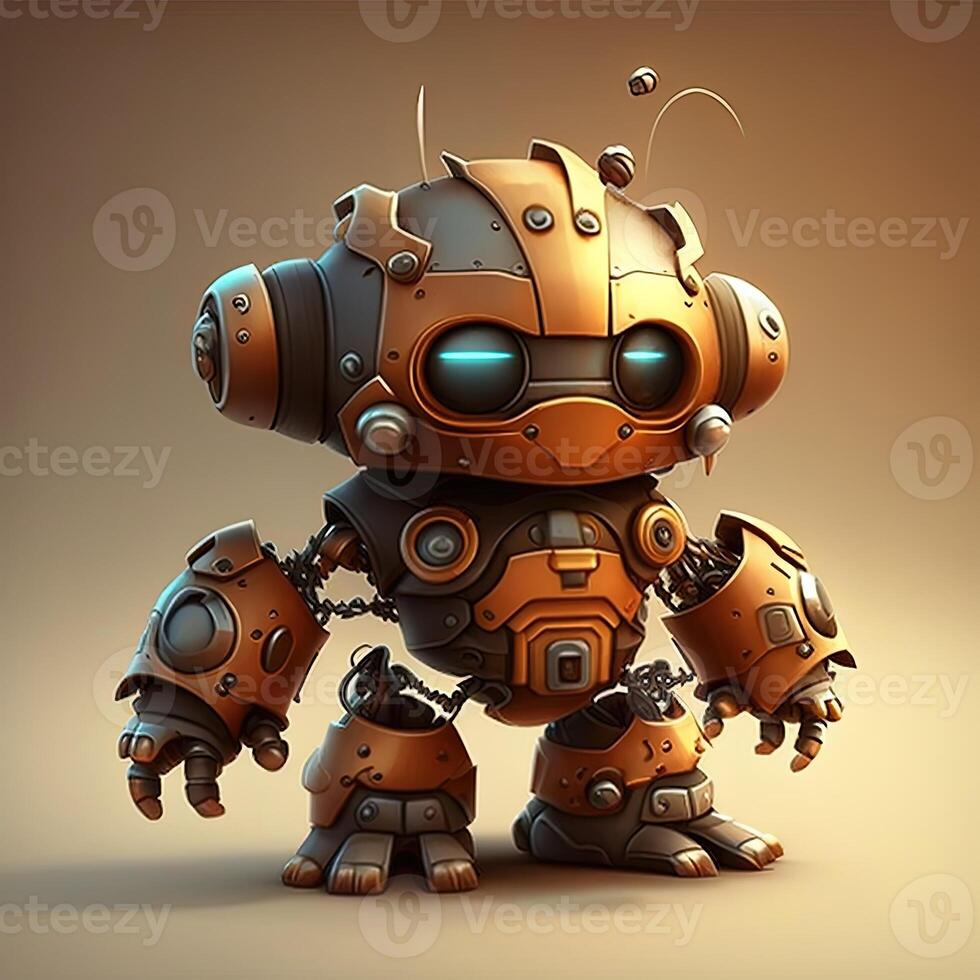 Cute white smiling robotic teen mini unit robot toy gesturing. Cute robot on a white backdrop with a pointing hand and a winking eye. technological idea. photo